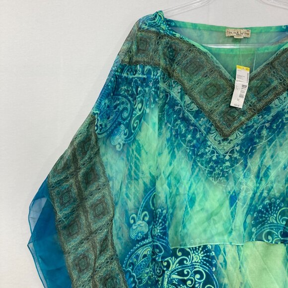 New Live and Let Live size 3X Green Blue Abstract Boho Layered Flowy Poncho Top - Picture 4 of 9